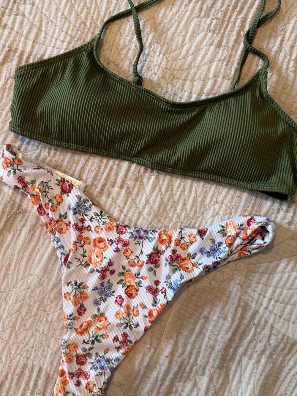 Cider Olive Ribbed Bralette & White Floral Bikini Bottom